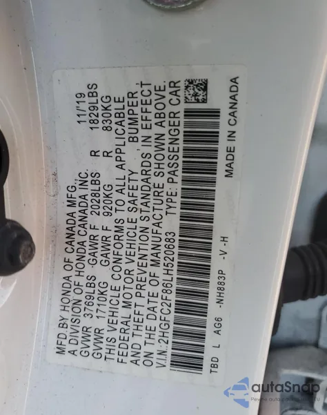 2020 Honda Civic Sport из США, поврежденный, VIN 2HGFC2F86LH520683